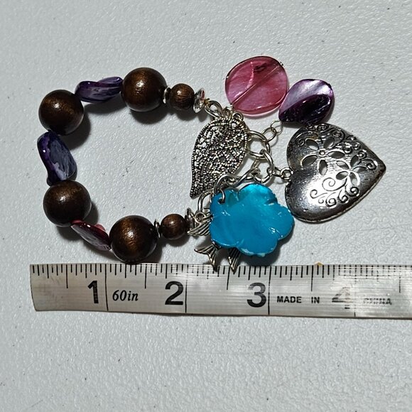 Handcrafted Charm Bracelet Wooden Beads Metal Heart Bird Blue Floral Charms - Picture 8 of 8
